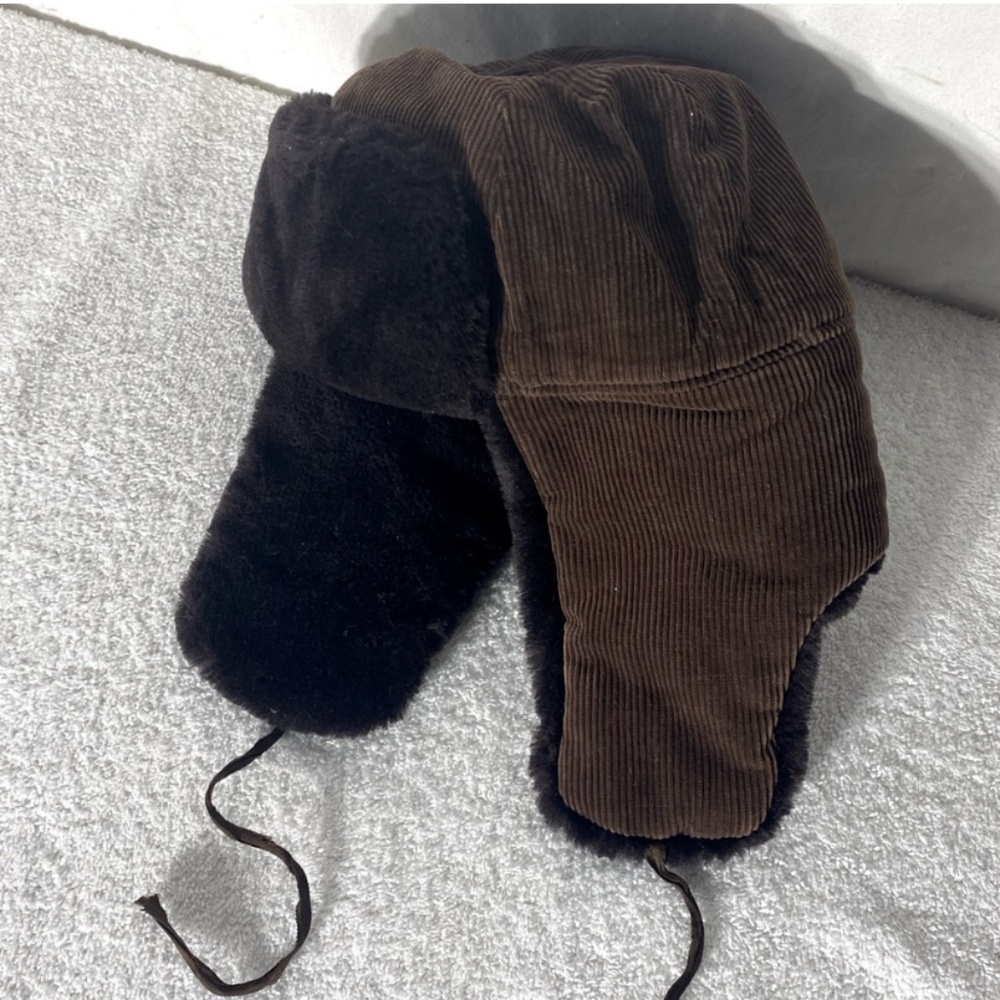 Vintage Swan Brown Corduroy Winter Trapper Hat With Faux Fur Lined Ear Flaps